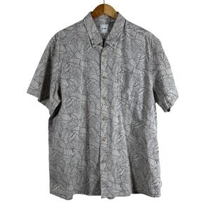 ROWM Mens XL Short Sleeve Button Down Shirt Beige Black Tropical Leaf Cotton